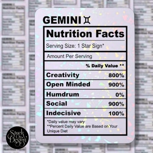 Gemini Nutrition Facts Zodiac Sticker | Autocollants en vinyle | Autocollants pour ordinateur portable | Autocollants imperméables | | de décalcomanie de voiture | du zodiaque Astrologie