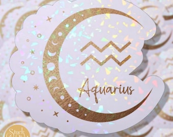 Pegatina del zodiaco Acuario: Luna Dorada, vinilo holográfico, impermeable para coche