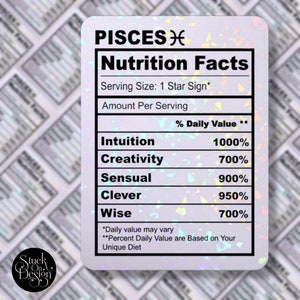 Piscis Información nutricional Pegatina zodiacal / Pegatinas de vinilo / Pegatinas para computadoras portátiles / Pegatinas impermeables / Calcomanías para automóviles / Zodiaco / Astrología