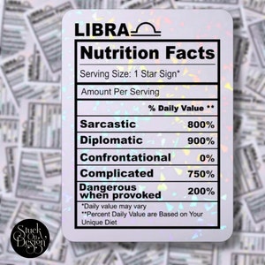Libra Nutrition Facts Zodiac Sticker | Autocollants en vinyle | Autocollants pour ordinateur portable | Autocollants imperméables | | de décalcomanie de voiture | du zodiaque Astrologie