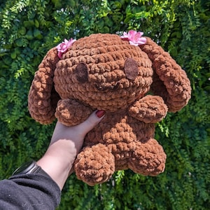 MTO Jumbo Kawaii Japanese Brown Puppy Dog Bunny Crochet Plushie // cherry blossoms // handmade amigurumi stuffed animal rabbit cute