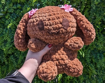 MTO Jumbo Kawaii Japanese Brown Puppy Dog Bunny Crochet Plushie // cherry blossoms // handmade amigurumi stuffed animal rabbit cute