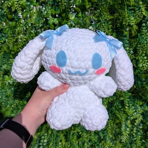 MTO Jumbo Kawaii Japanese White Puppy Dog Bunny Crochet Plushie // blue bows // handmade amigurumi stuffed animal rabbit cute gift cinna