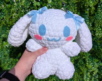 MTO Jumbo Kawaii Japanese White Puppy Dog Bunny Crochet Plushie // blue bows // handmade amigurumi stuffed animal rabbit cute gift cinna
