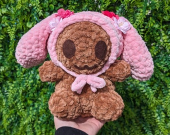 Jumbo Kawaii Japanese Brown Puppy Dog Bunny Wearing Hood Crochet Plushie // cherry blossoms // handmade amigurumi stuffed animal rabbit cute