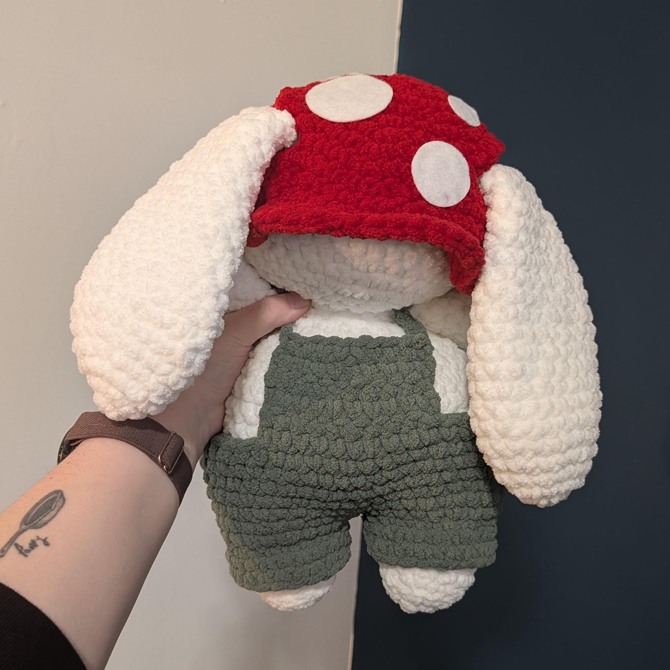 Jumbo White Mushroom Bunny Crochet Plushie // Removable Hat & Overalls ...