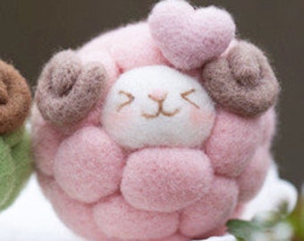 Wool Needlecraft Needlepoint Needle Felted Felting Cute Animal Kit Handmade Starter Animation Animate Cartoon Character, Lucky Sheep (Pink)