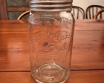 VINTAGE CANADIAN CROWN 1940 Canning Jar WIth Glass Lid and Metal Ring