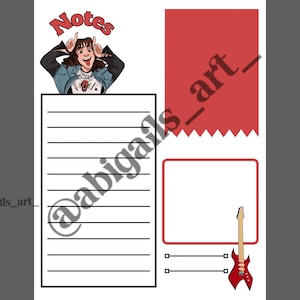 Puede incluir: Una página de planificador con una ilustración de dibujos animados de una persona haciendo un gesto con la mano y sacando la lengua. La palabra "Notes" está en rojo. Incluye un bloc de notas rayado, un cuadro en blanco y una guitarra roja.