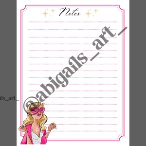 May include: A lined notepad with a pink border and the word "Notes" at the top. The notepad features an illustration of a blonde woman wearing pink sunglasses and a pink jacket. The artist's name, "abigails_art_," is watermarked on the notepad.