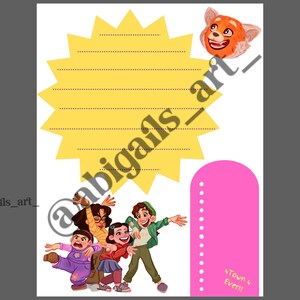 Può includere: Un foglio di carta bianco con una forma a stella gialla e uno spazio a righe per il testo. Sotto, illustrazioni di cartoni animati di cinque personaggi in varie pose. Un rettangolo rosa con il testo "4Town 4 Ever!!" è a destra.