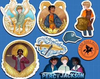 May include: A set of nine stickers featuring characters and symbols from the Percy Jackson series. The stickers are colorful and feature illustrations of Percy Jackson, Annabeth Chase, Grover Underwood, and other characters. The stickers also include symbols like a trident, a shield, and a pegasus.