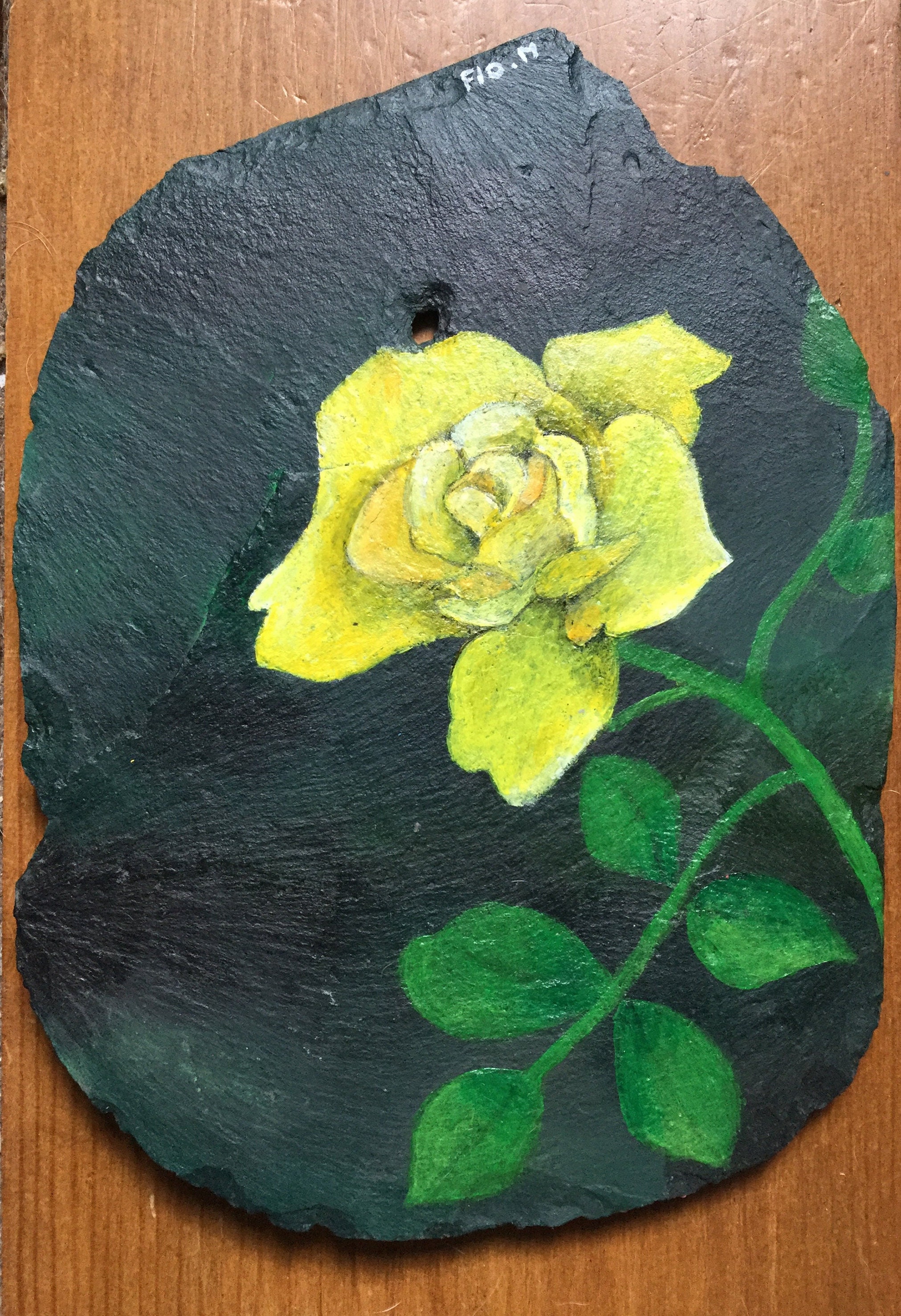 Peinture sur Ardoise - Fleur de Rose Jaune