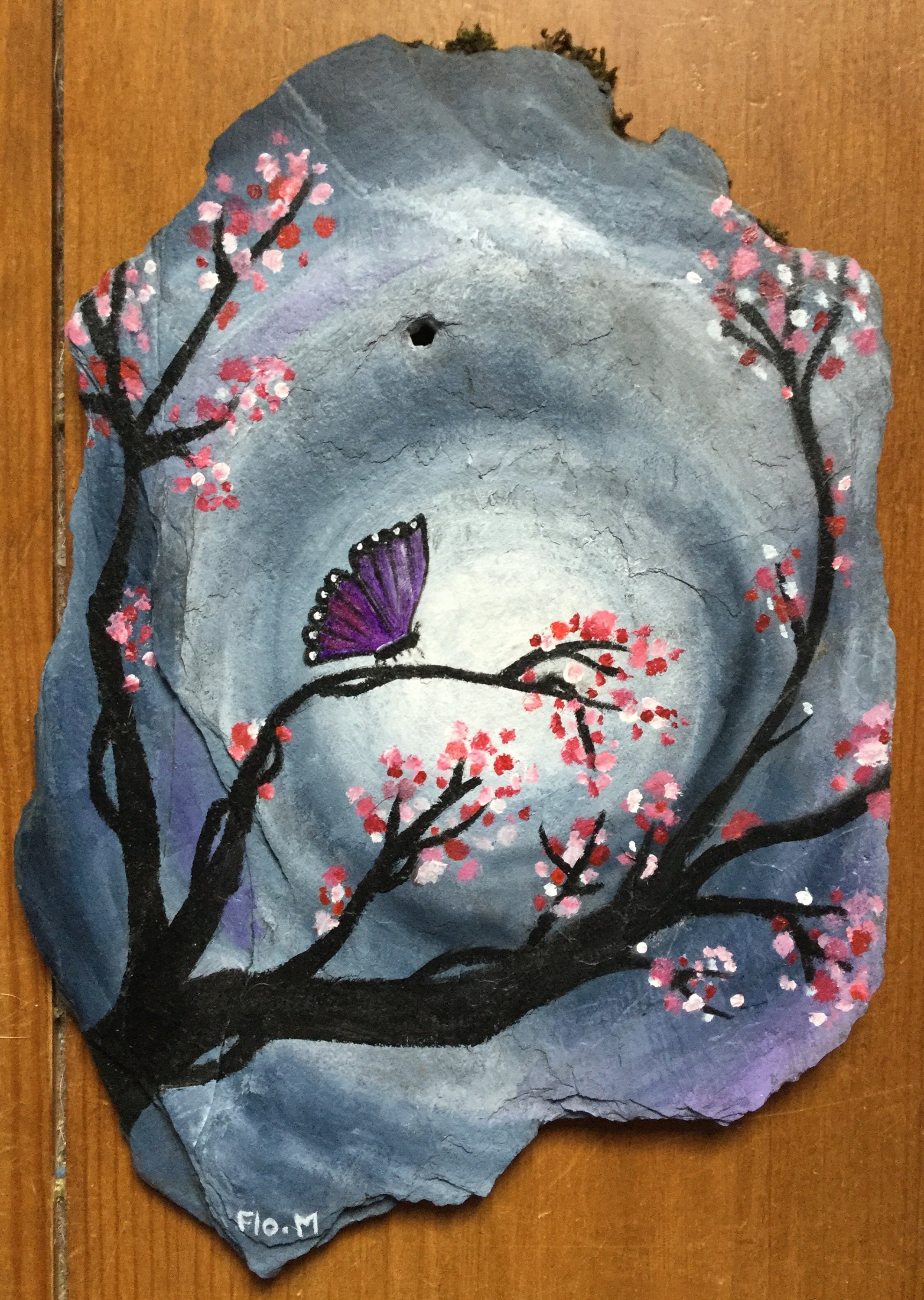Peinture sur Ardoise - Papillon Parmi Les Fleurs