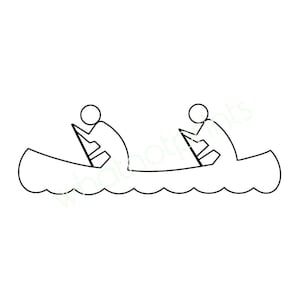 May include: A black and white line drawing depicts two people in a canoe, paddling on wavy water. The figures are simplified, with circular heads and angular bodies. The canoe is a simple outline.