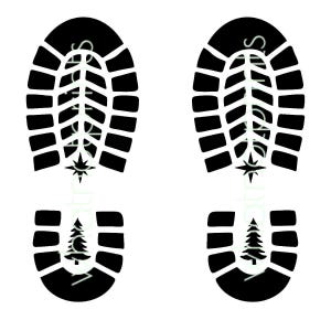 May include: Black and white graphic of two footprints and two smaller footprints. The larger footprints have the word "Santa" vertically in the center. A star is at the bottom of the larger footprints. The smaller footprints have a Christmas tree.