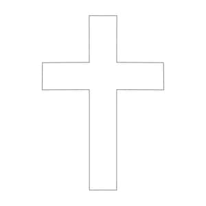 Może przedstawiać: Prosty, obrysowany na czarno krzyż na białym tle. Krzyż ma tradycyjny kształt z pionową belką przeciętą przez belkę poziomą, tworzącą cztery równe ramiona.
