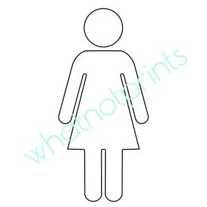 Könnte beinhalten: Ein schwarz-weißes Strichmännchen-Symbol einer menschlichen Figur in einem Kleid mit rundem Kopf, zwei Armen und zwei Beinen. Der Text 'whatnotprints' ist diagonal über die Mitte der Figur in einer hellblauen Farbe gelegt.