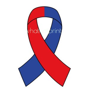May include: A red and blue ribbon tied in a bow. The ribbon is a symbol of support and awareness.