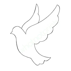 Puede incluir: Un dibujo de línea simple de una paloma blanca con las alas extendidas. La paloma está mirando hacia la derecha y tiene un pequeño pico.