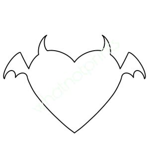 May include: A black outline illustration of a heart shape with devil horns and bat wings. The heart is a simple, clean design, perfect for stickers, tattoos, or other crafts. The wings are on either side of the heart.