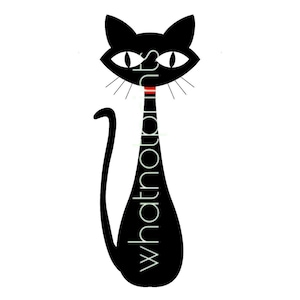 May include: A black silhouette of a cat with a red collar. The cat is facing forward with its tail curled behind it.