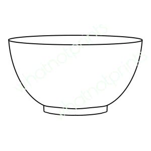 May include: A simple, black and white line drawing of a bowl. The bowl has a rounded shape with a wide opening and a small, flat base. The design is minimalist and clean.