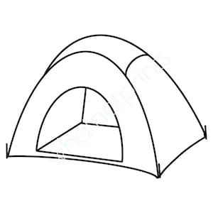 May include: A black and white line drawing of a tent. The tent has a rounded shape with a front opening. The design is simple and suitable for outdoor or camping-themed projects. The tent is white with black outlines.