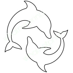 May include: A black outline illustration of two dolphins swimming in opposite directions. The dolphins are stylized with curved bodies, fins, and tails, set against a white background. A simple graphic design.