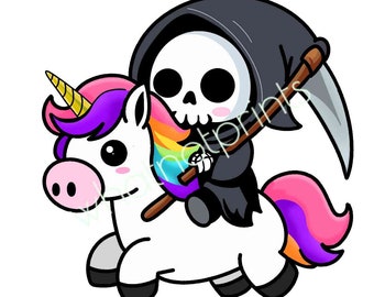 Grim Reaper Riding Unicorn, Cartoon PNG, Shirt/Sticker Design (Digital Download)