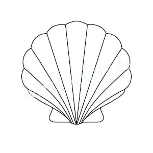 May include: A black and white line drawing of a scallop seashell. The shell has a fan-like shape with curved edges and vertical lines radiating from the base. The image is on a white background.