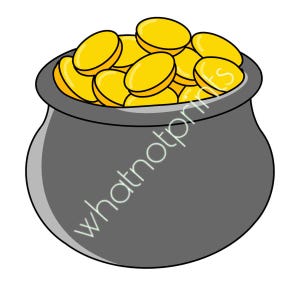 Pode incluir: Uma panela cinza cheia de moedas de ouro. A panela é redonda e tem uma abertura larga. As moedas são todas do mesmo tamanho e estão empilhadas umas sobre as outras.