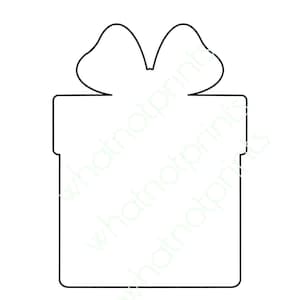 May include: A black and white outline of a gift box with a bow on top. The gift box is rectangular with a square top and a bow with two loops. The image is a simple line drawing.