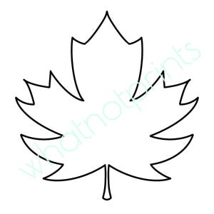 May include: A black and white line drawing of a maple leaf with five distinct lobes and a central stem at the base. The outline is clean and bold, featuring a symmetrical shape. A faint, light blue watermark text reads whatnotprints.