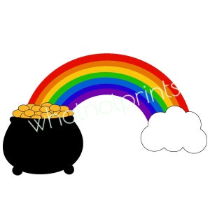 Puede incluir: Una olla negra llena de monedas de oro se encuentra al final de un arcoíris con una nube blanca en el otro extremo.