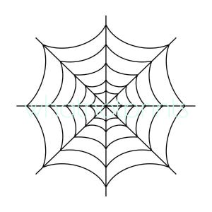 Op de afbeelding: Een zwart-witte grafische illustratie van een spinnenweb met een centraal punt, uitstralende lijnen en concentrische gebogen segmenten die deze verbinden. Het ontwerp is symmetrisch en strak, gepresenteerd als een eenvoudige lijntekening.