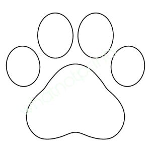 May include: A black outline of a paw print, featuring five circular pads and a larger, heart-shaped pad. The design is simple and clean, suitable for various applications.