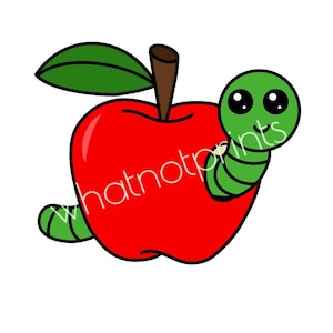 May include: A cartoon illustration of a red apple with a green worm peeking out. The apple has a green leaf and a brown stem. The worm is green with large black eyes. The text "whatnotprints" is on the apple.