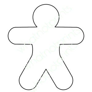 May include: A black outline of a gingerbread man shape, with a rounded head, arms, and legs. The design is simple and suitable for crafts, decorations, or templates. The image is on a white background.