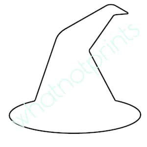 May include: A black outline drawing of a pointed hat with a wide brim, featuring a distinct bend at the top. The text whatnotprints is overlaid in a light green color across the center of the hat shape against a plain white background.