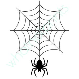 May include: A black and white graphic illustration featuring a symmetrical spider web design with a single black spider hanging from the bottom center point. The lines of the web are thin and black, contrasting against a plain white background.