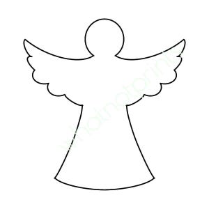 May include: A black and white outline of an angel with wings and a halo. The angel is facing forward with its arms outstretched.