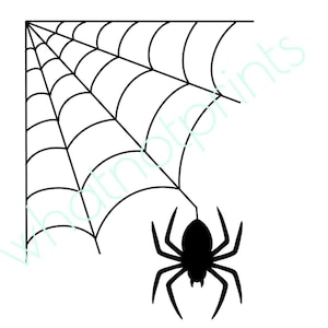 May include: A black graphic illustration of a spider web originating from the top left corner, featuring a single black spider hanging from a central thread. The text "whatnotprints" is visible in a light blue watermark across the image.