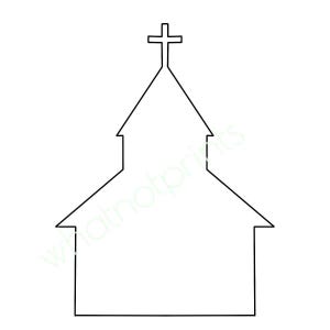 Puede incluir: Un contorno negro de un edificio de iglesia con una cruz en la parte superior. La iglesia tiene un diseño geométrico simple con un techo inclinado y una base rectangular. La imagen está sobre un fondo blanco.