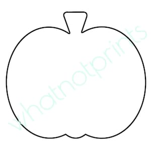 May include: A simple black outline drawing of a pumpkin shape with a stem on top. The design features a clean, continuous black line forming the silhouette of a round pumpkin. The text whatnotprints is overlaid in a light green color across the center.