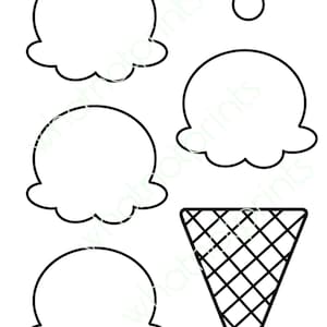 Könnte beinhalten: Schwarz-weiße Strichzeichnung von Eiscreme-Elementen. Das Bild zeigt vier Eiskugeln, eine Waffel und einen kleinen Kreis, möglicherweise eine Kirsche. Die Eiskugeln haben einen gewellten Rand.