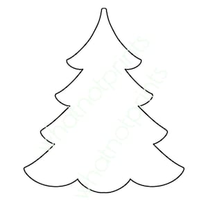 May include: A black and white outline of a Christmas tree. The tree has a simple design with a pointed top and rounded edges.