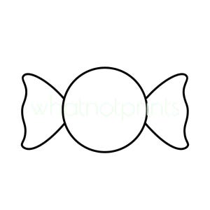 Puede incluir: Un dibujo de contorno negro de un caramelo envuelto. El caramelo tiene un centro circular con bordes rizados en cada extremo. La imagen está sobre un fondo blanco.