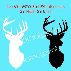May include: Two deer head silhouettes, one black and one white, against a light blue background. The silhouettes are 5000x5000 pixels.