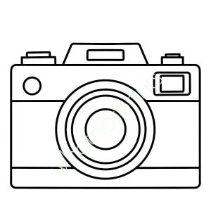 May include: A black and white line drawing of a camera. The camera has a rectangular body with a lens, viewfinder, and buttons. The lens is circular with concentric rings. The viewfinder and buttons are rectangular.